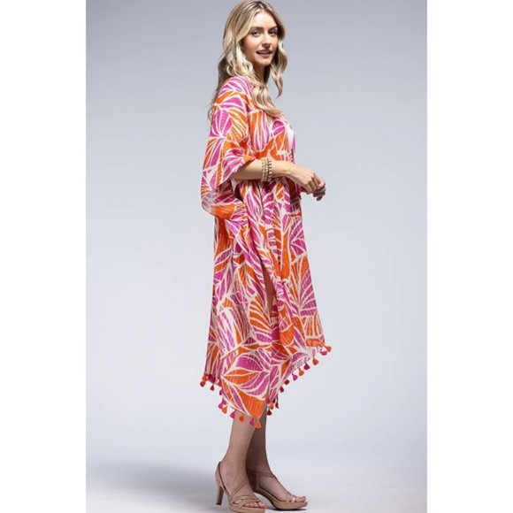 Chelsea Metallic Stripe Palm Leaf Tropical Coverup Open Wrap Kimono Top One Size - Picture 3 of 7